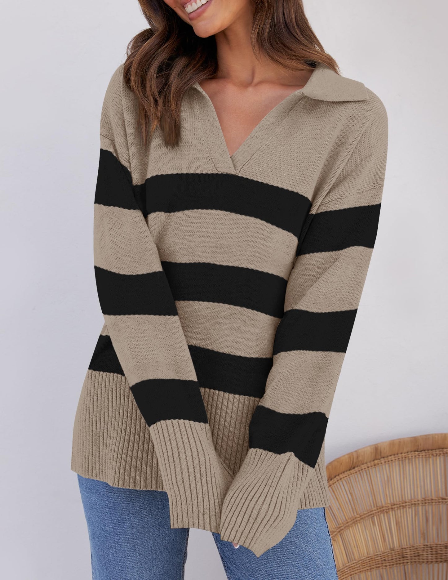 Lapel V Neck Long Sleeve Striped Chunky Knit Oversized Pullover Sweater