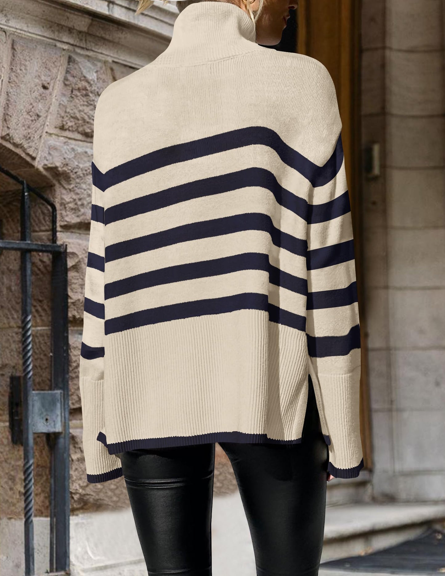 Turtleneck Long Sleeve Striped Side Slit Loose Pullover Sweater