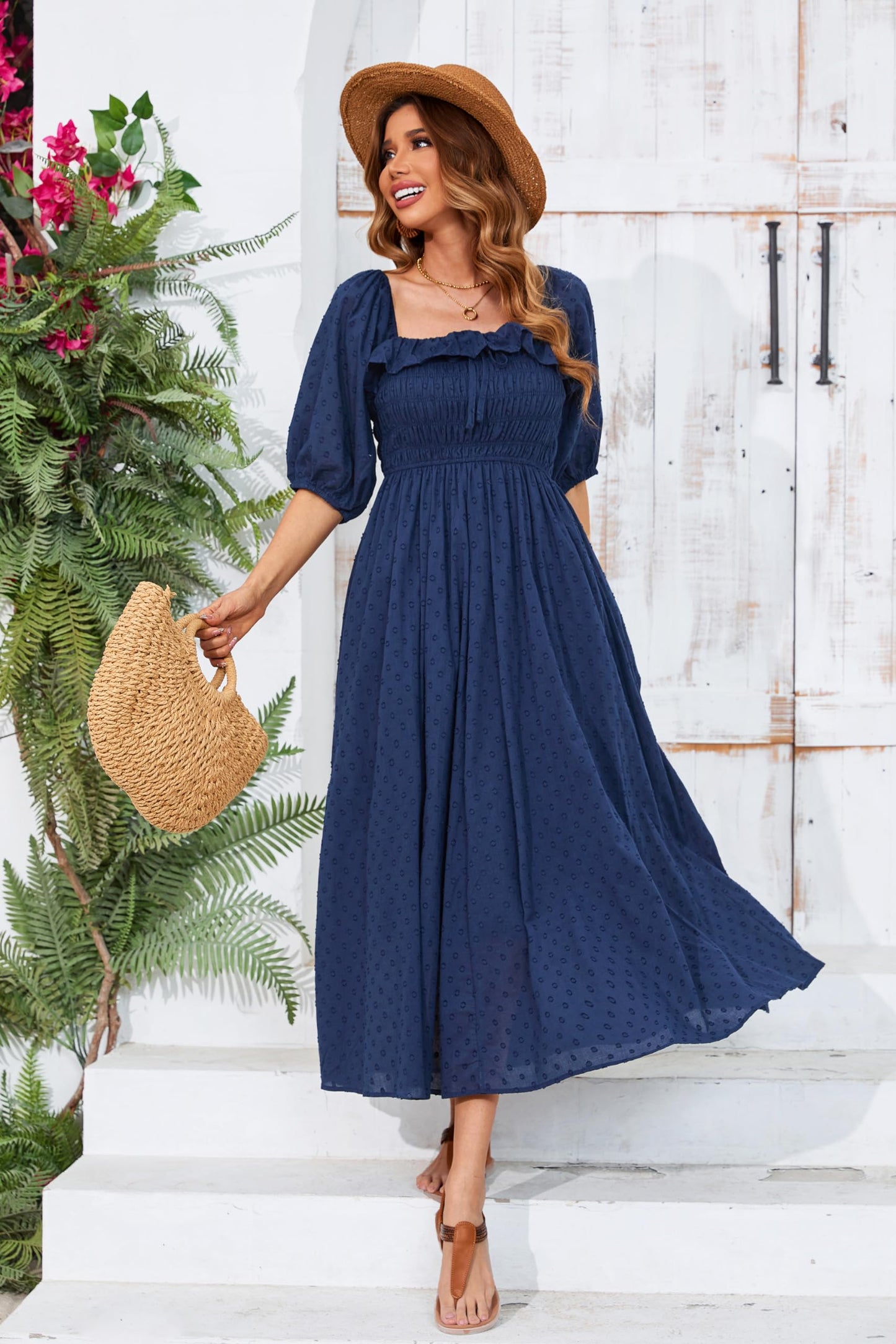 Half Sleeve Cotton Ruffled Vintage Elegant Backless A Line Flowy Long Dress