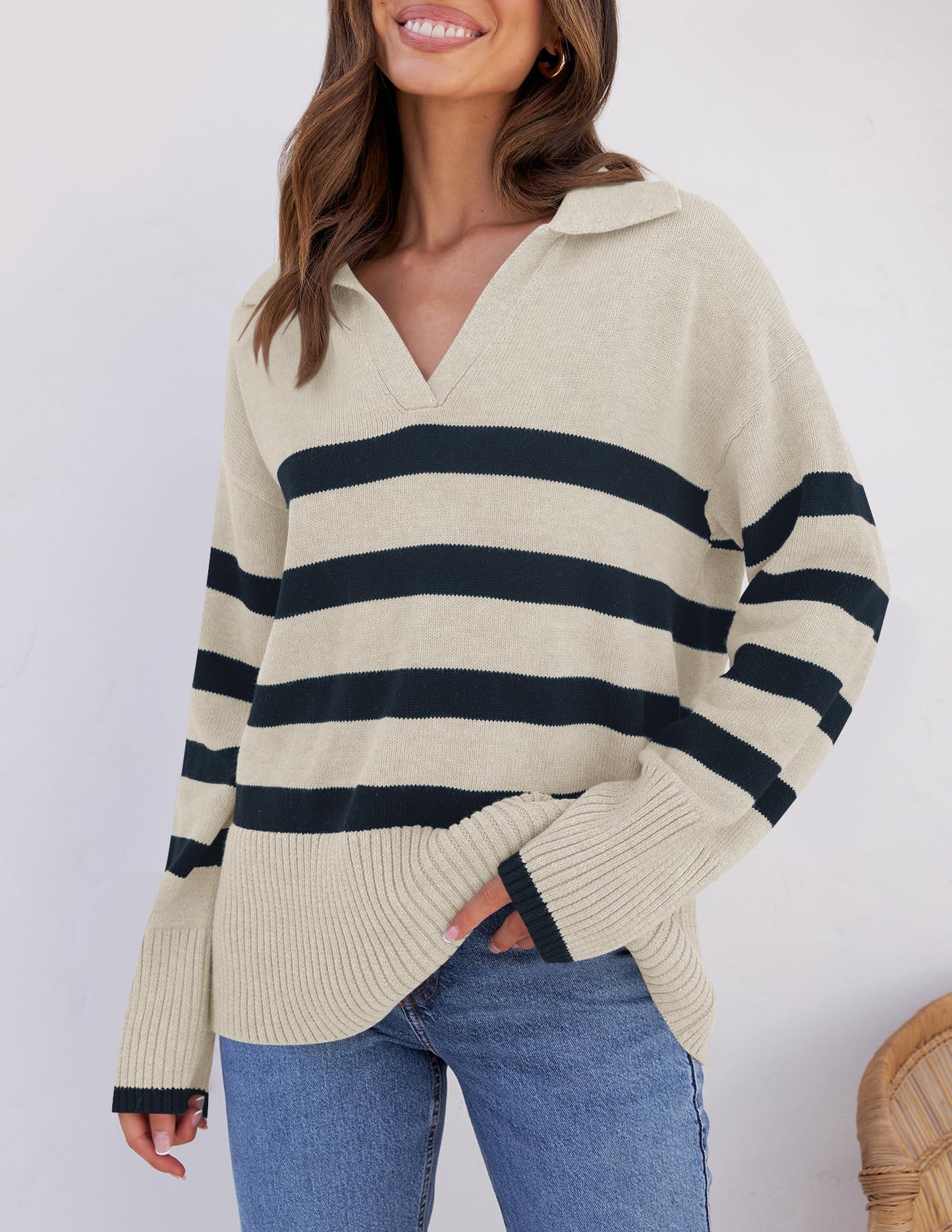 Lapel V Neck Long Sleeve Striped Chunky Knit Oversized Pullover Sweater