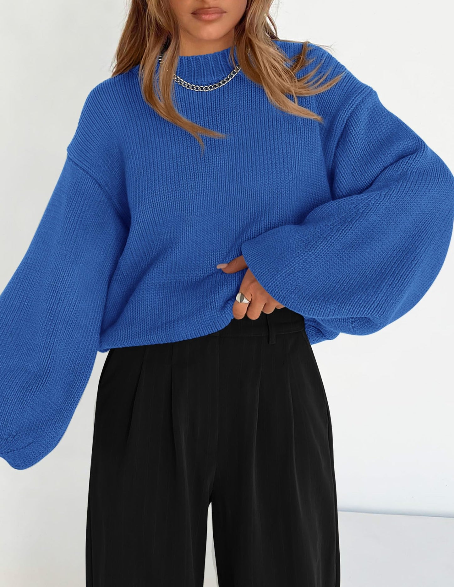 Chunky Knit Sweater Long Lantern Sleeve Crewneck Pullover