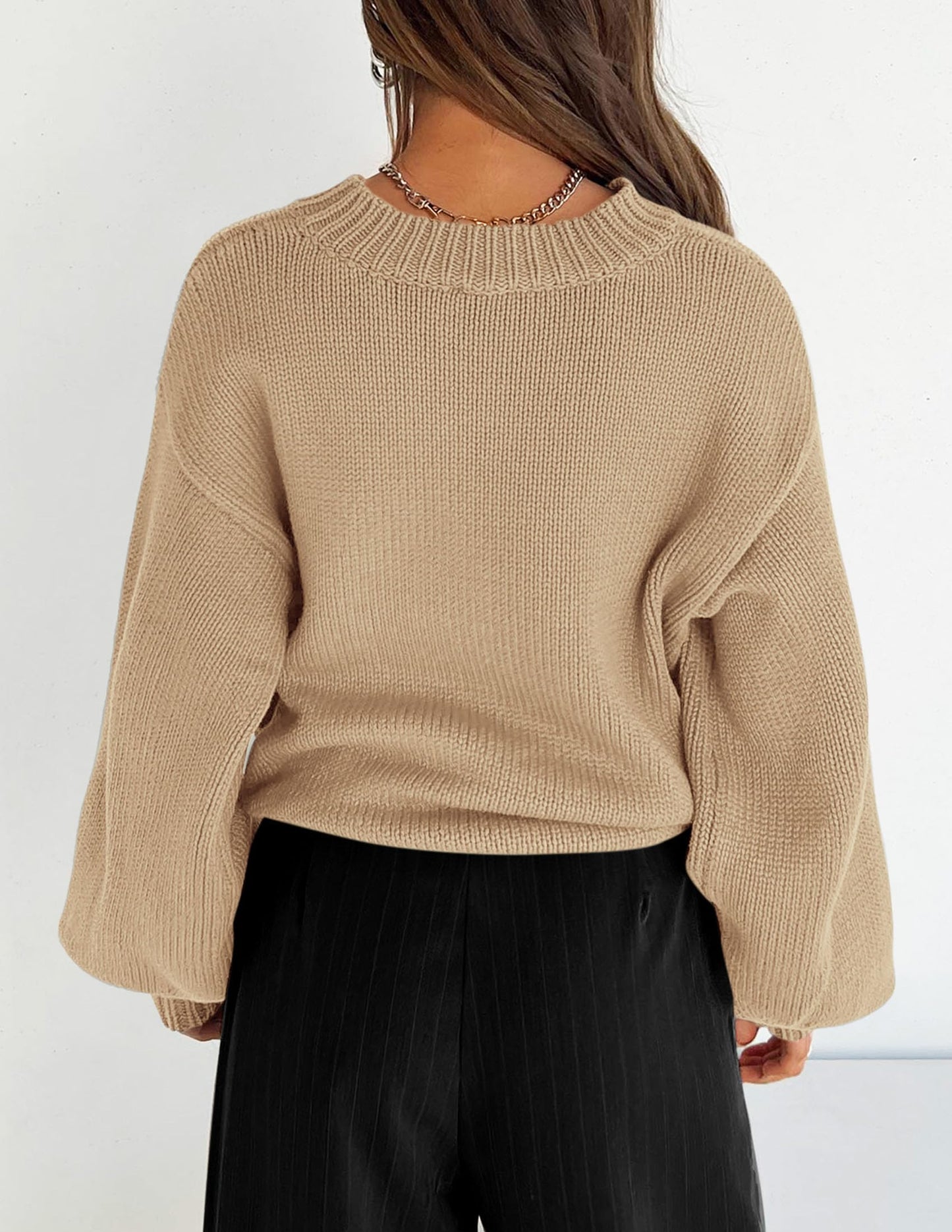 Chunky Knit Sweater Long Lantern Sleeve Crewneck Pullover