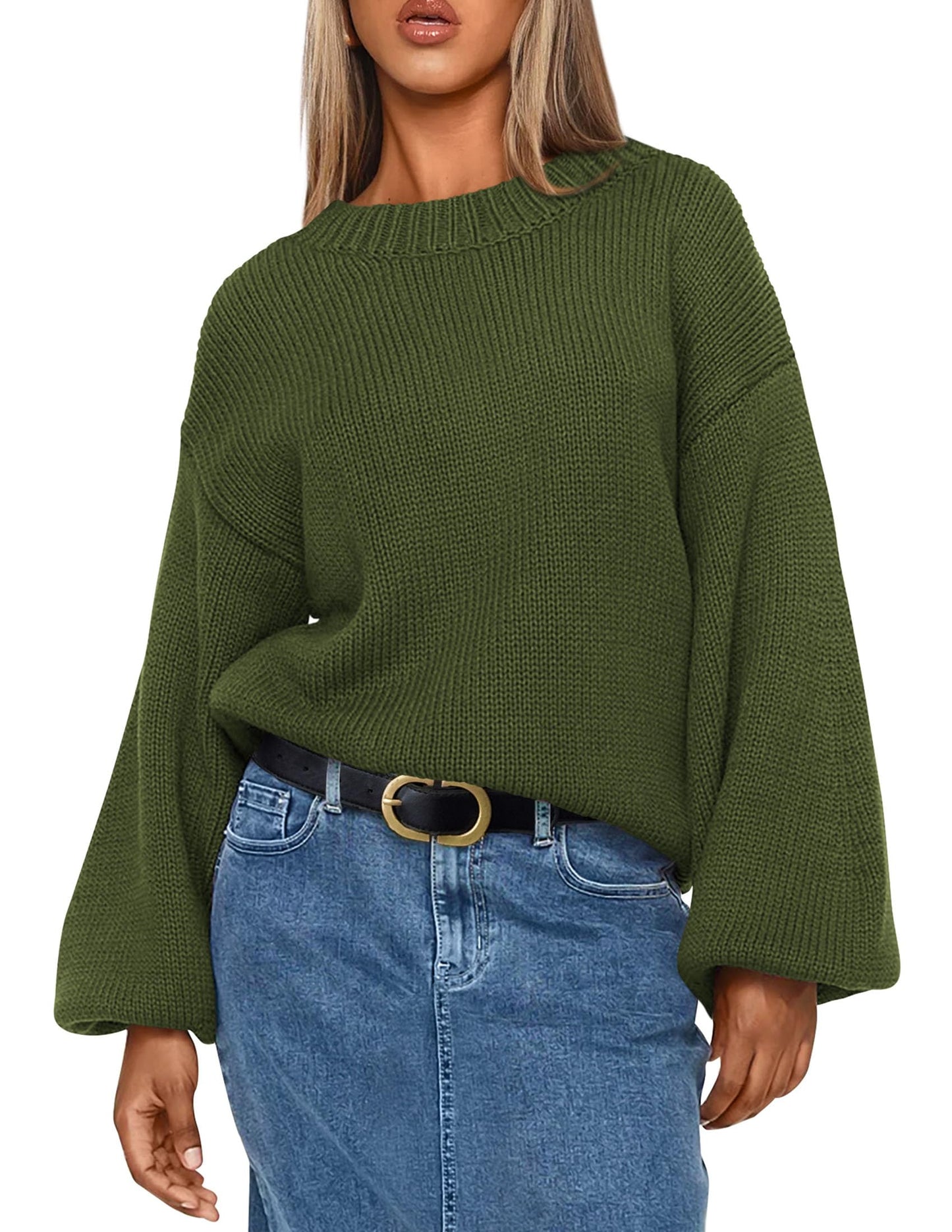 Chunky Knit Sweater Long Lantern Sleeve Crewneck Pullover