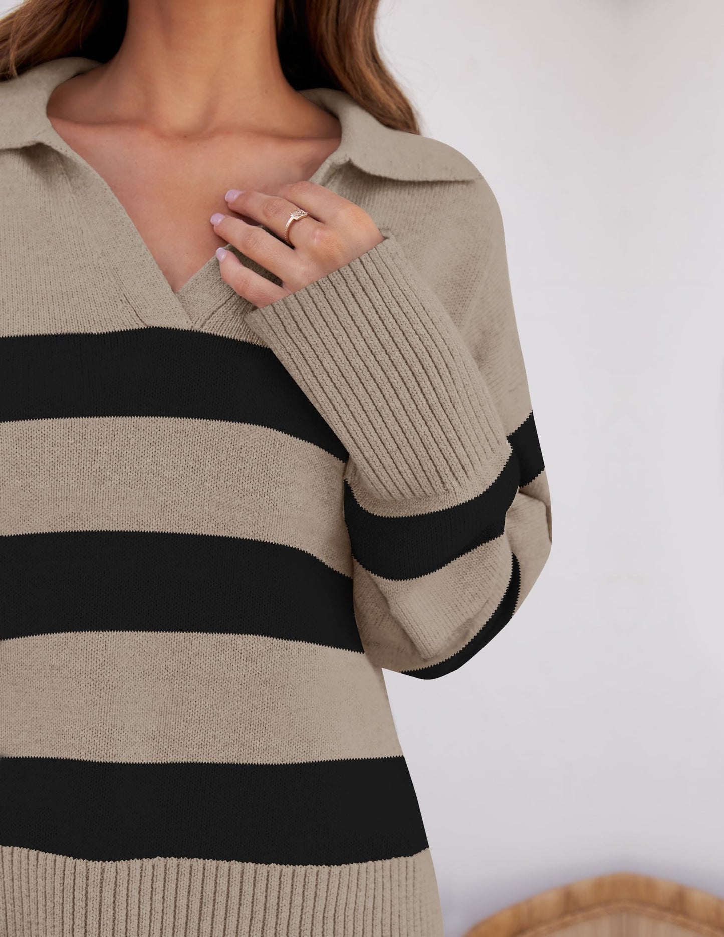 Lapel V Neck Long Sleeve Striped Chunky Knit Oversized Pullover Sweater