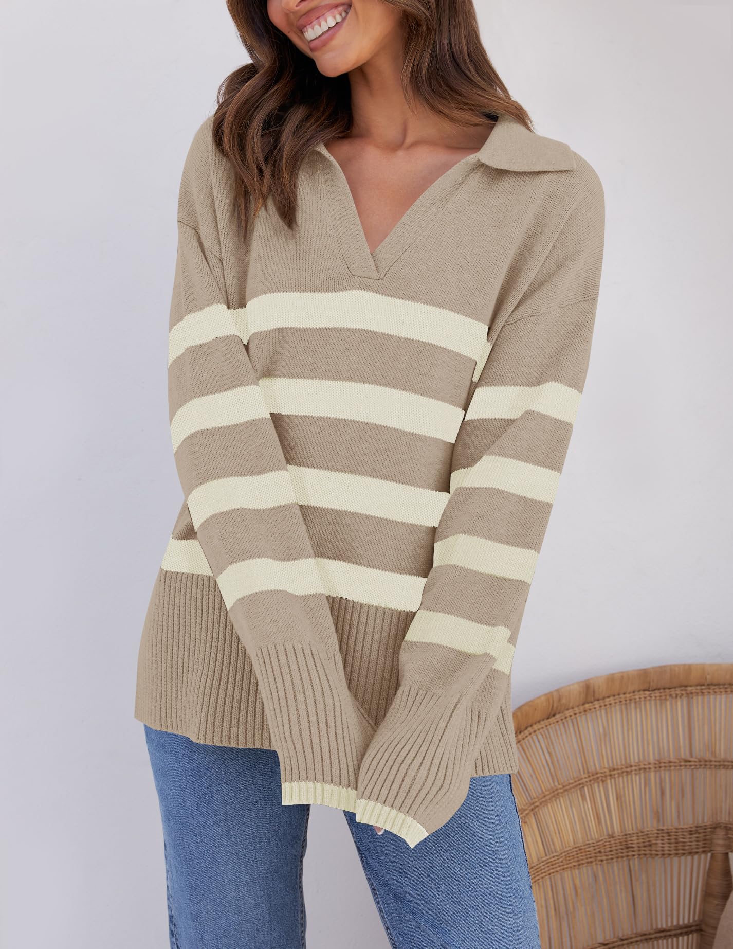 Lapel V Neck Long Sleeve Striped Chunky Knit Oversized Pullover Sweater