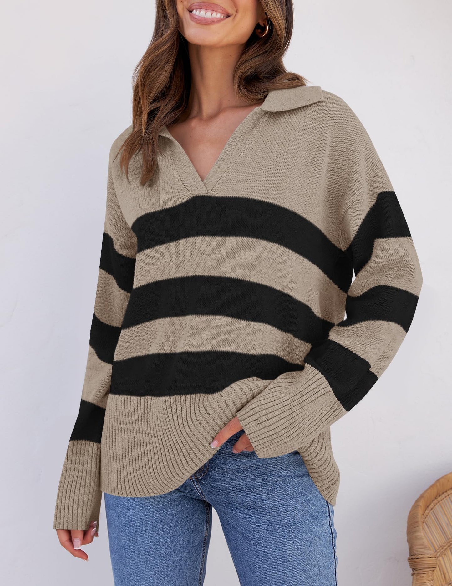 Lapel V Neck Long Sleeve Striped Chunky Knit Oversized Pullover Sweater