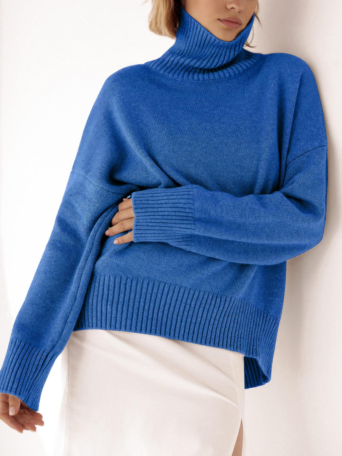 Turtleneck Sweater Chunky Long Sleeve Knitted Pullover High Low