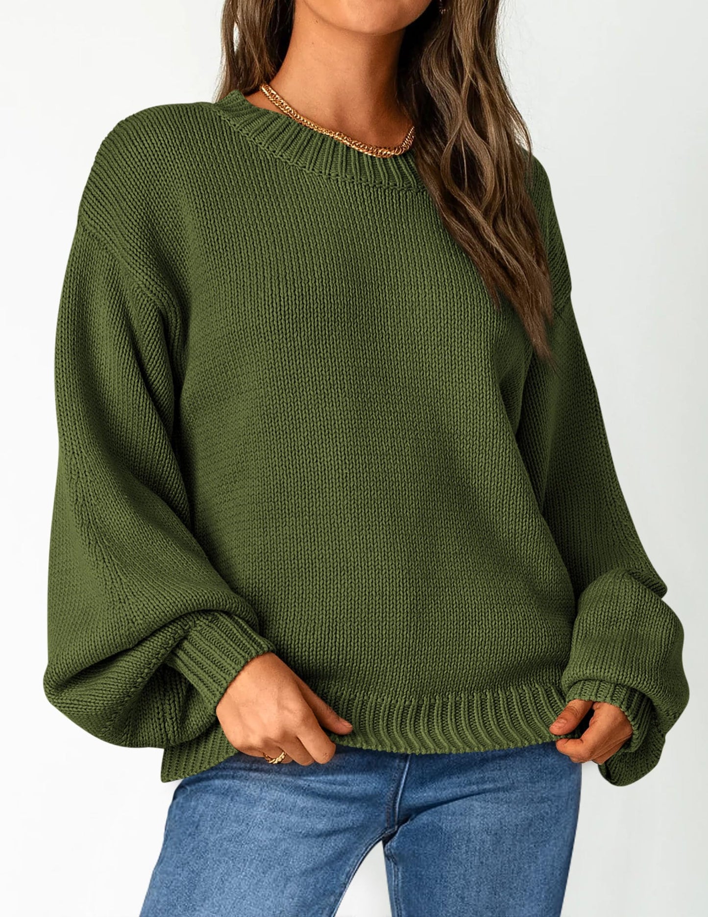 Chunky Knit Sweater Long Lantern Sleeve Crewneck Pullover