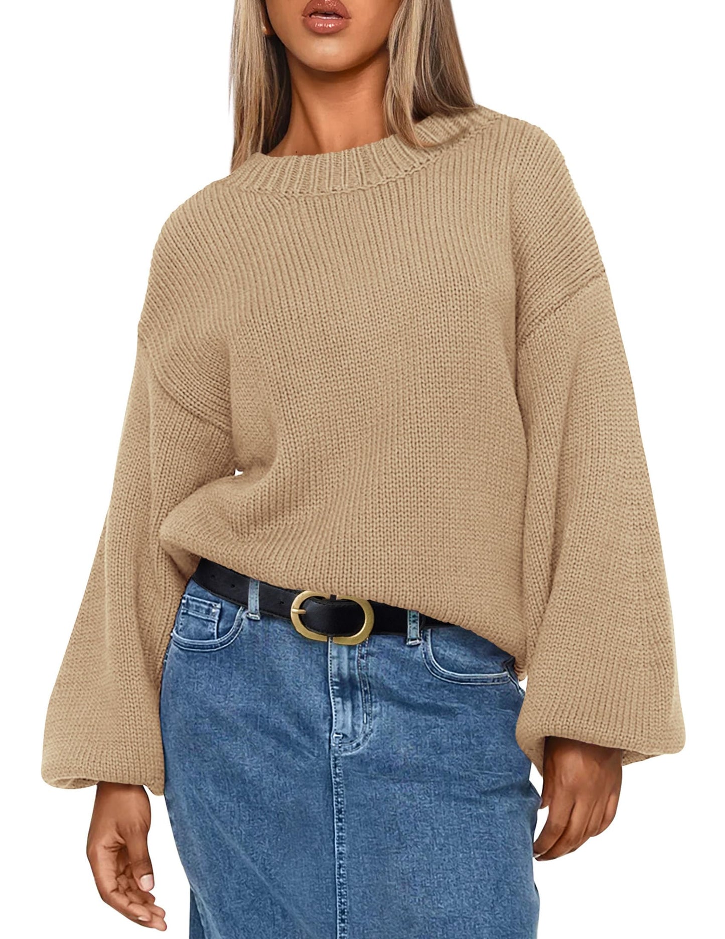 Chunky Knit Sweater Long Lantern Sleeve Crewneck Pullover