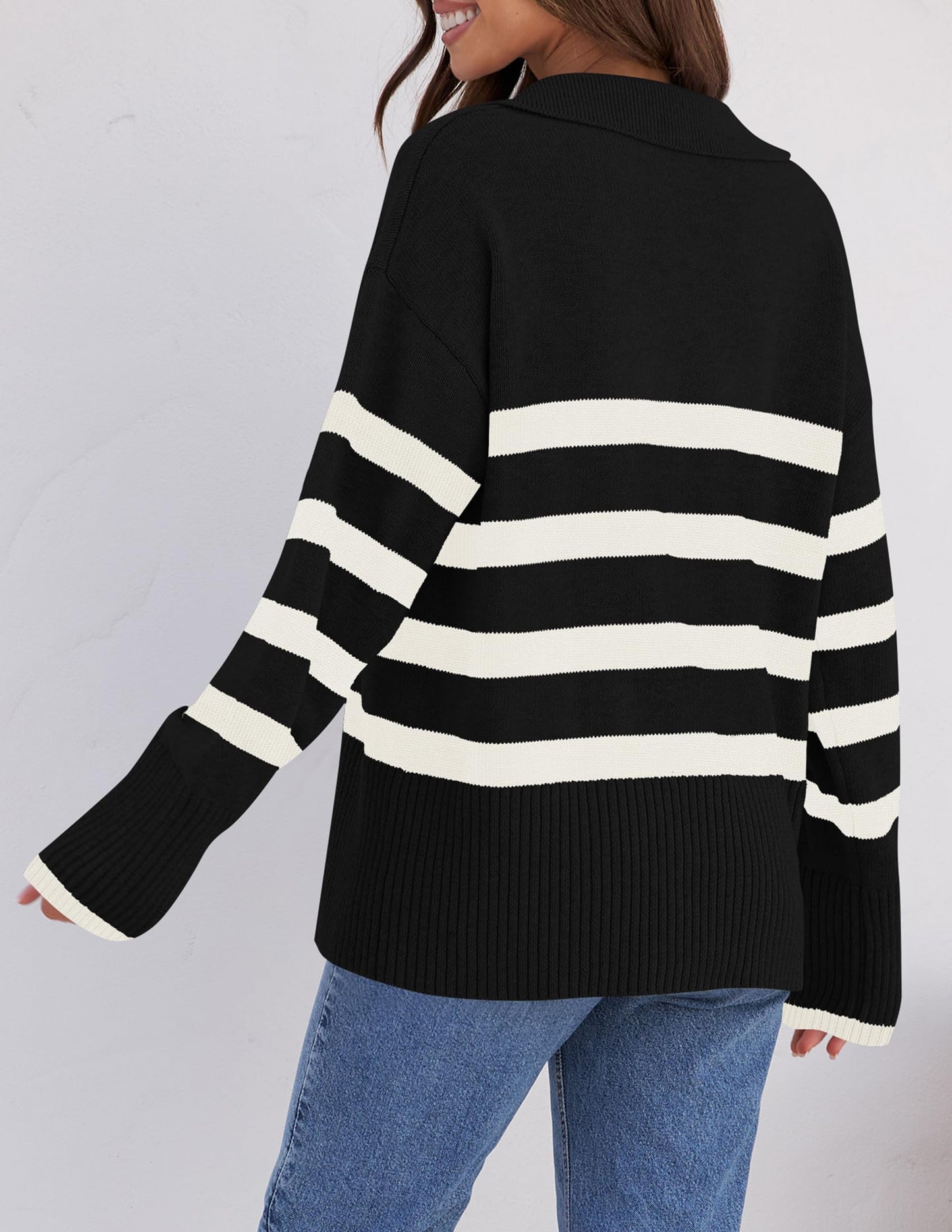 Lapel V Neck Long Sleeve Striped Chunky Knit Oversized Pullover Sweater