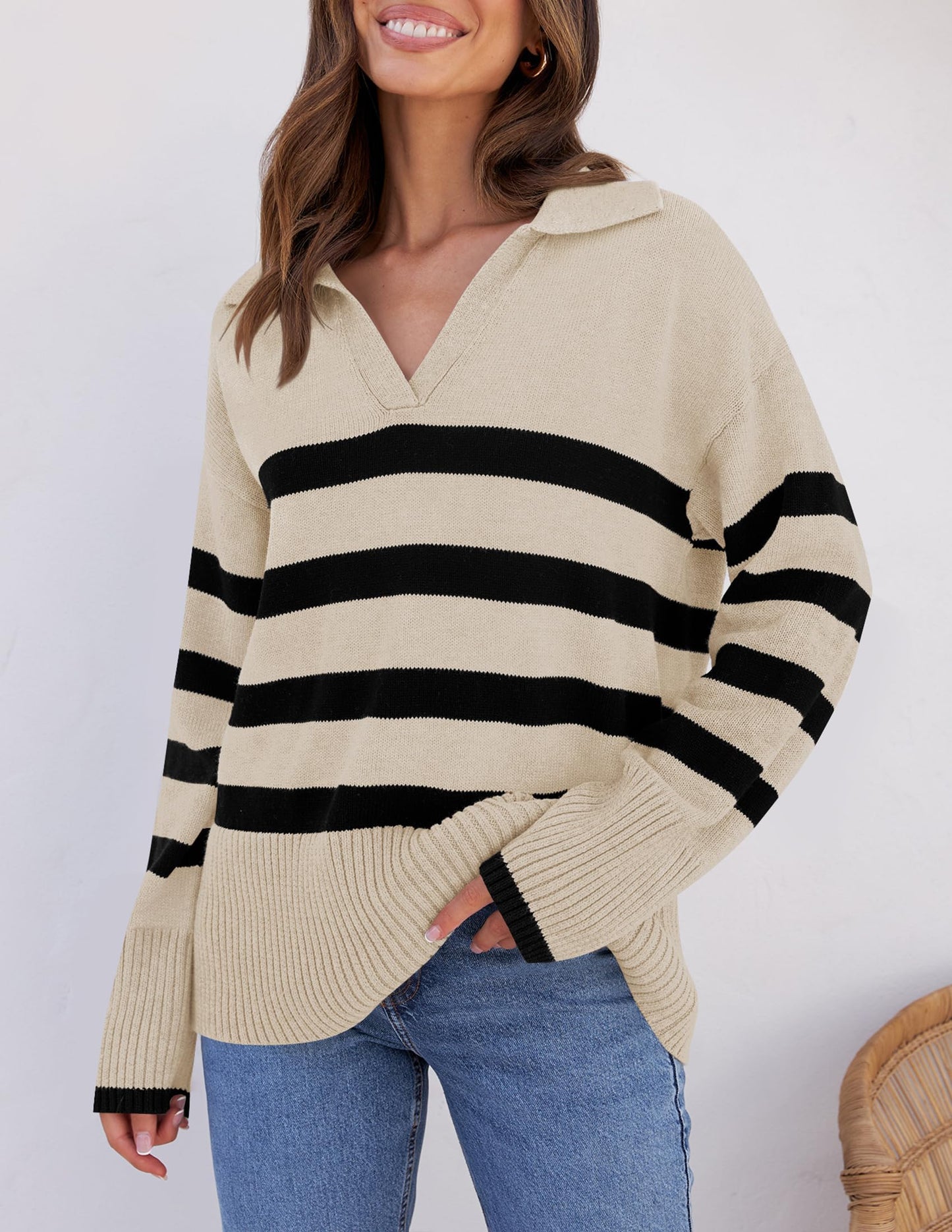 Lapel V Neck Long Sleeve Striped Chunky Knit Oversized Pullover Sweater