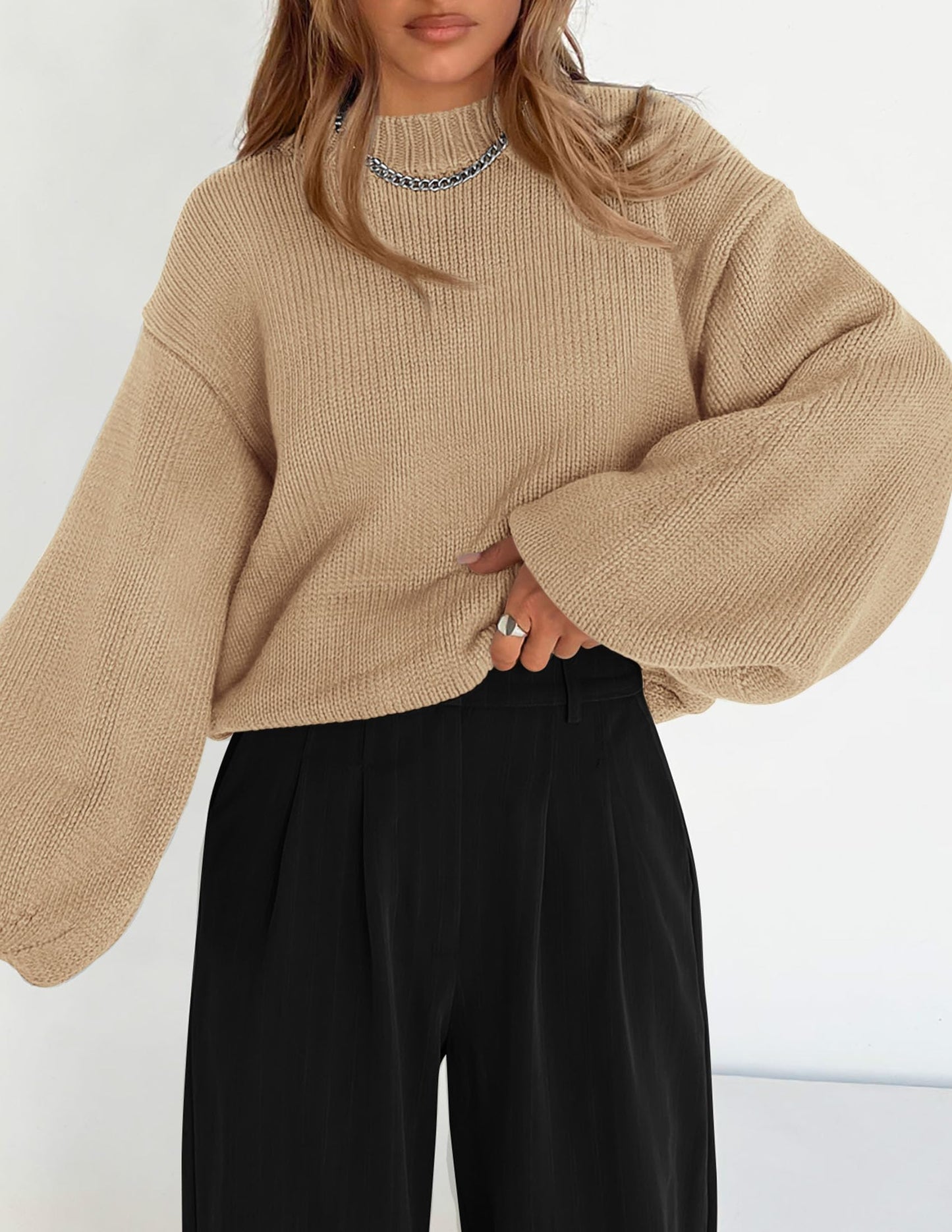 Chunky Knit Sweater Long Lantern Sleeve Crewneck Pullover