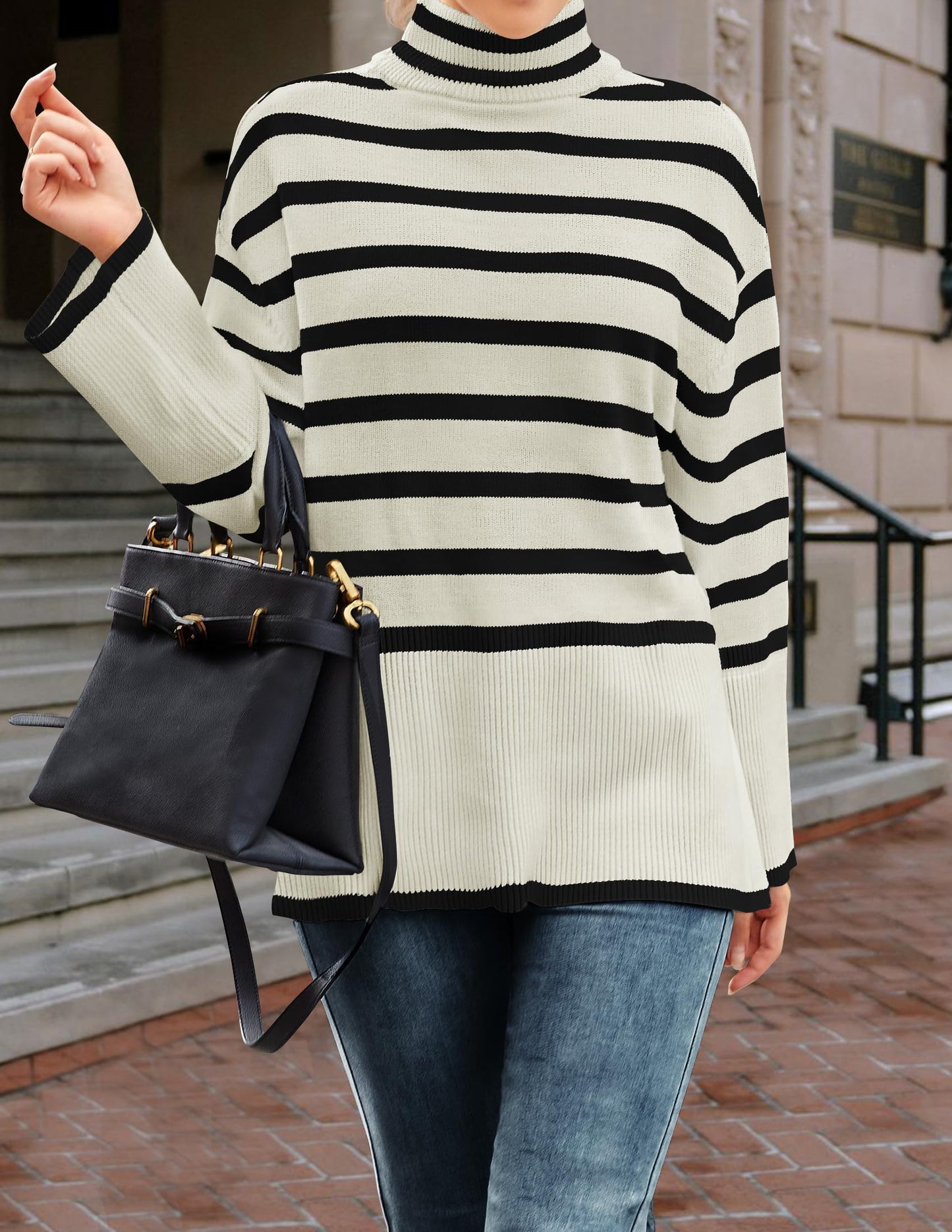 Turtleneck Long Sleeve Striped Side Slit Loose Pullover Sweater