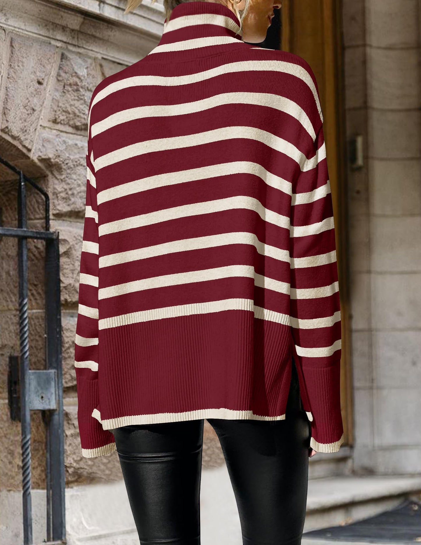 Turtleneck Long Sleeve Striped Side Slit Loose Pullover Sweater