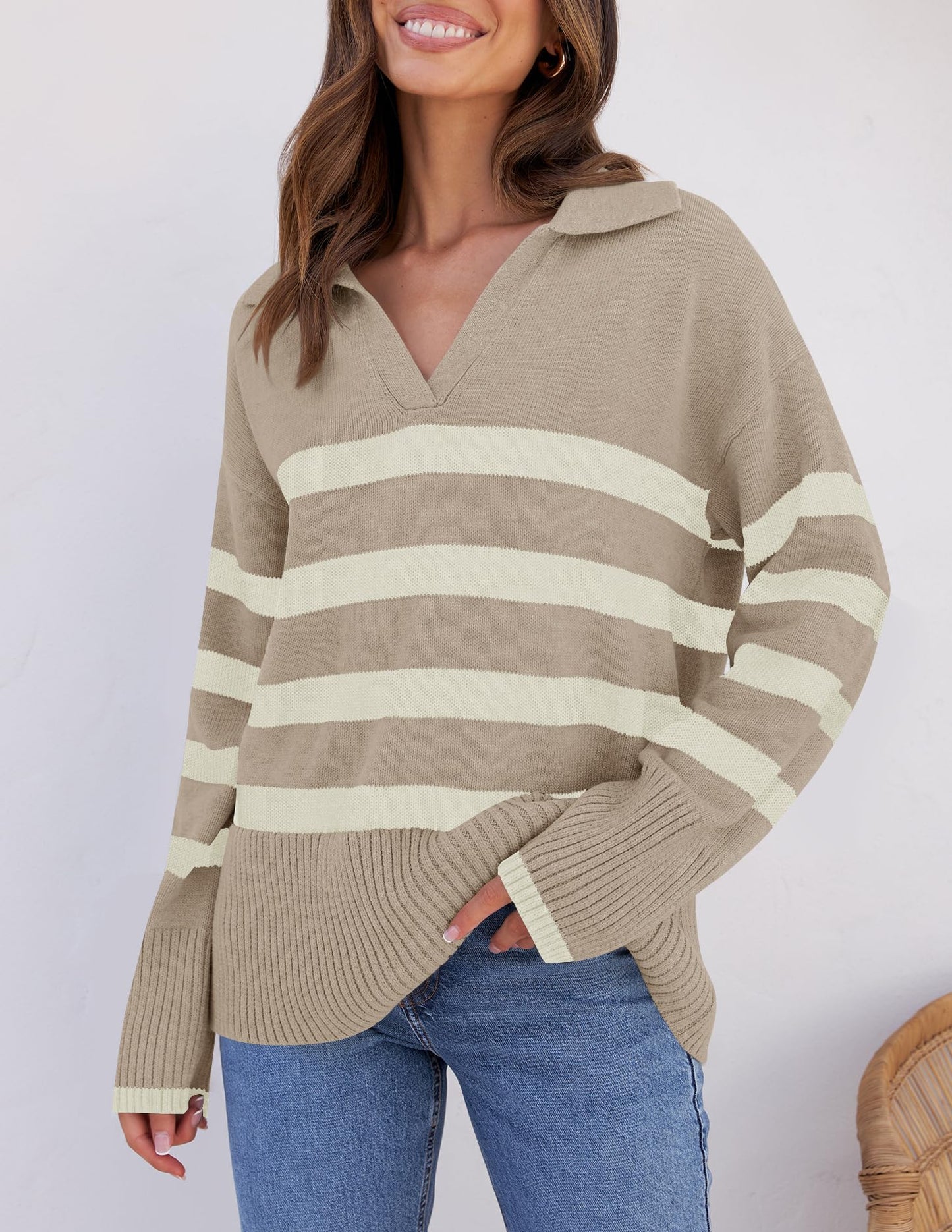 Lapel V Neck Long Sleeve Striped Chunky Knit Oversized Pullover Sweater