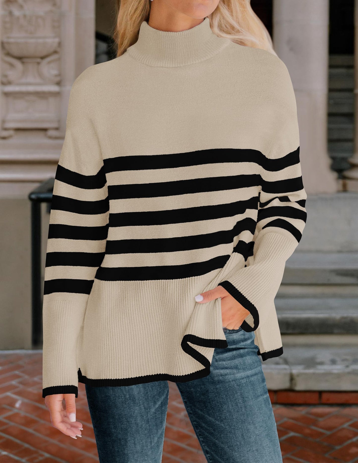 Turtleneck Long Sleeve Striped Side Slit Loose Pullover Sweater