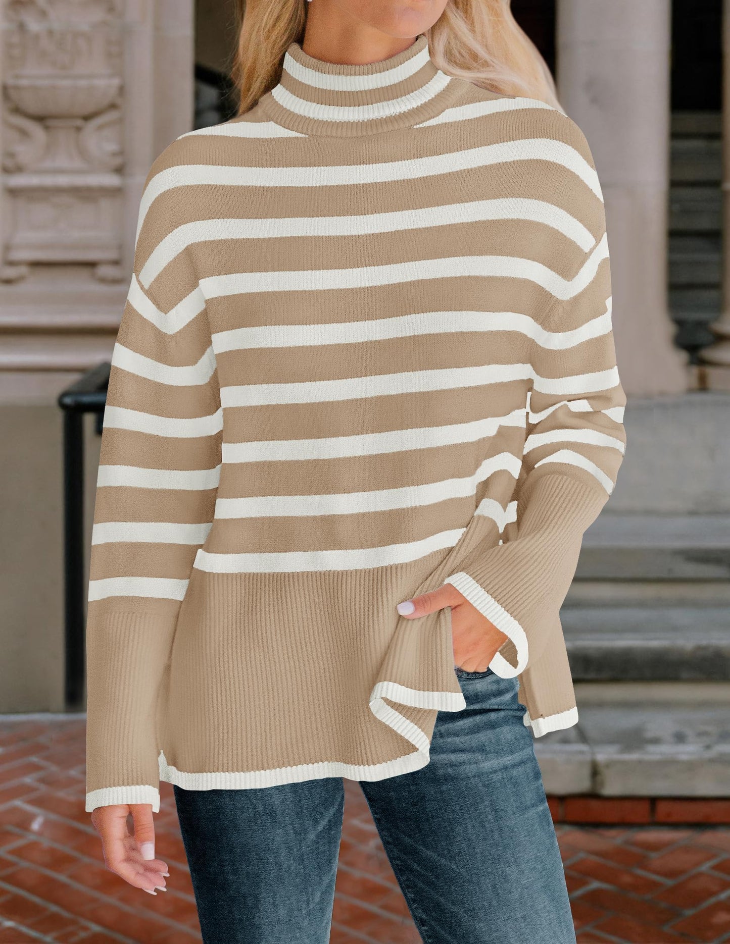 Turtleneck Long Sleeve Striped Side Slit Loose Pullover Sweater