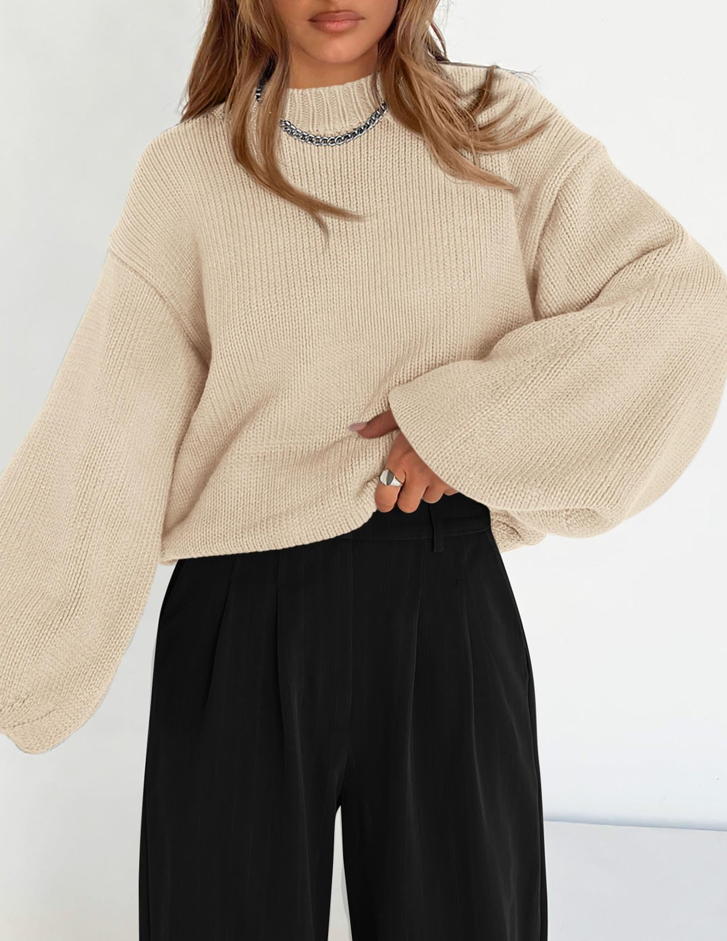 Chunky Knit Sweater Long Lantern Sleeve Crewneck Pullover