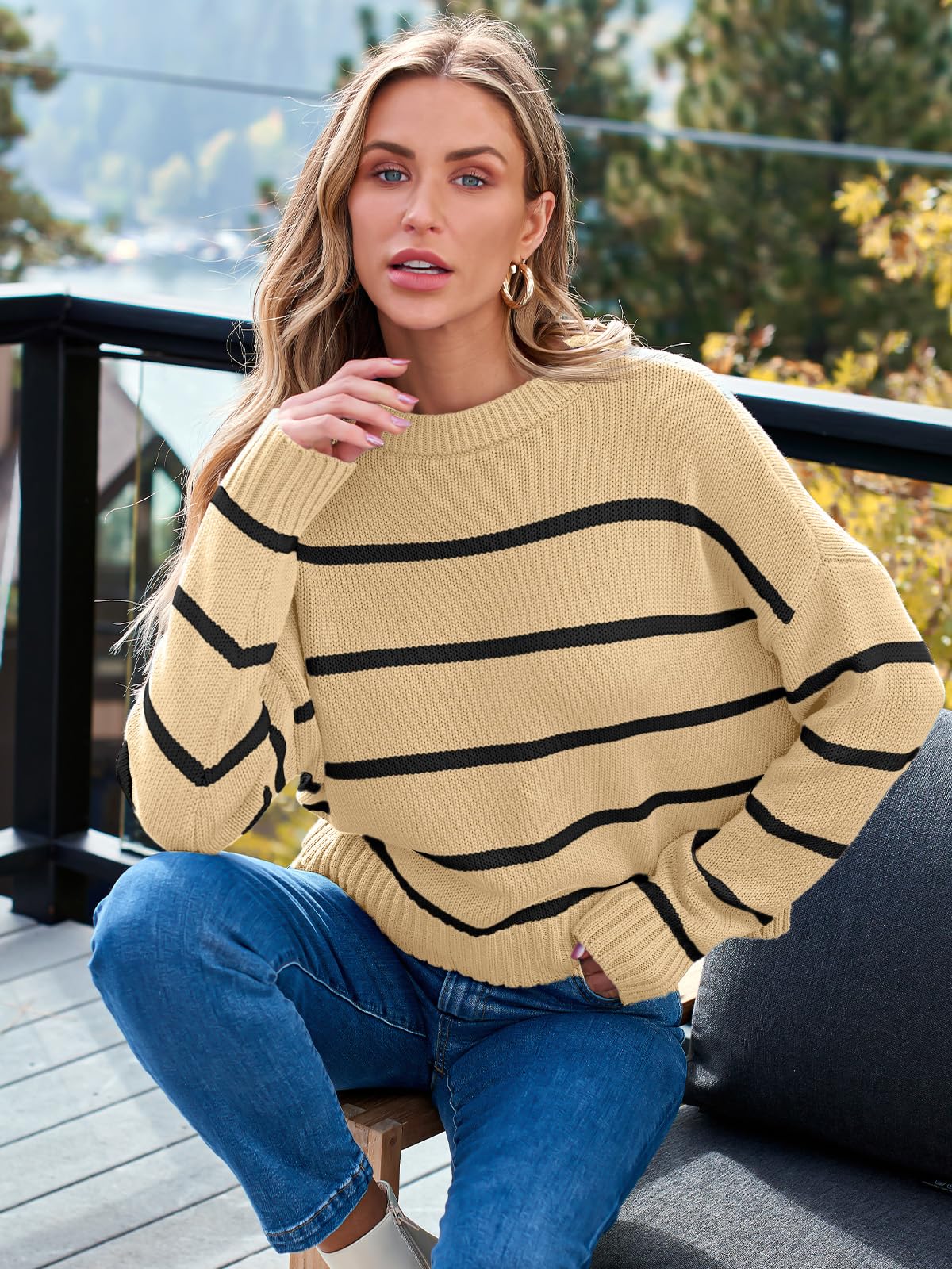 Striped Sweater Pullover Crewneck Long Sleeve Cable Knitted