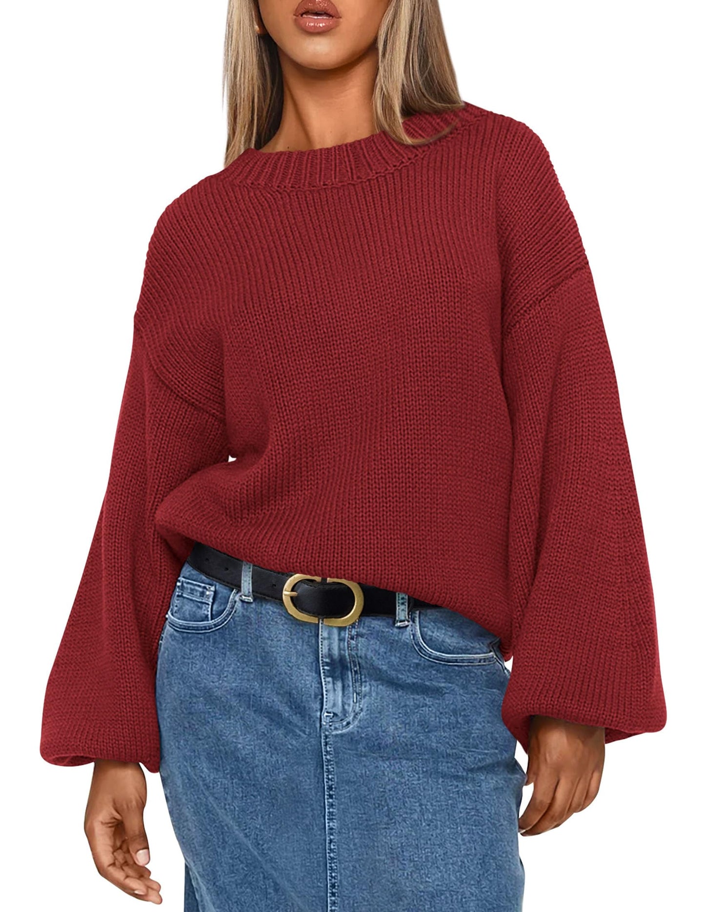 Chunky Knit Sweater Long Lantern Sleeve Crewneck Pullover