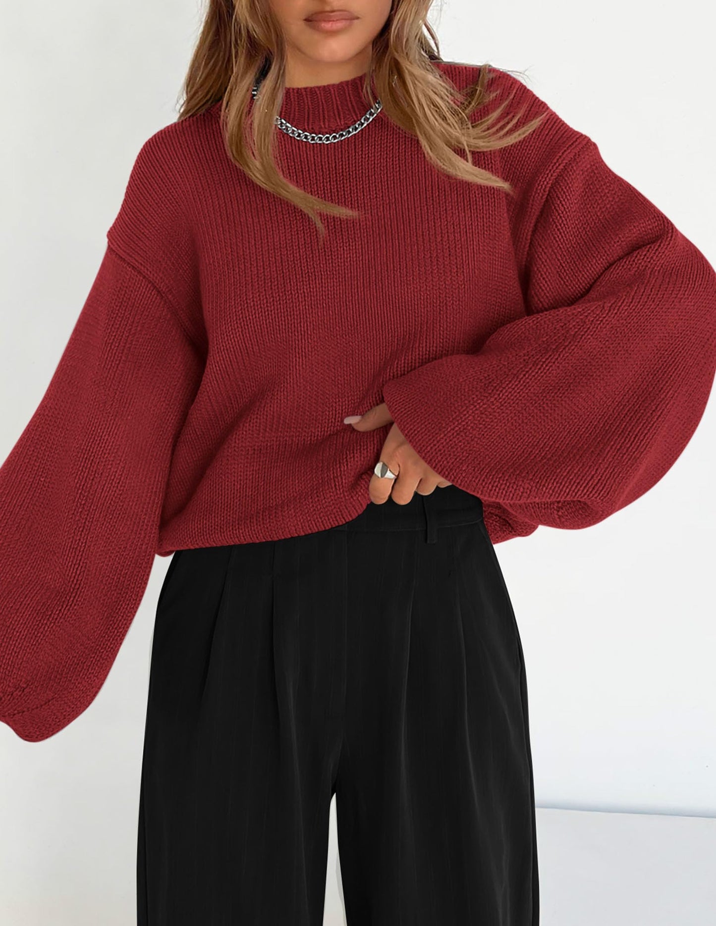 Chunky Knit Sweater Long Lantern Sleeve Crewneck Pullover