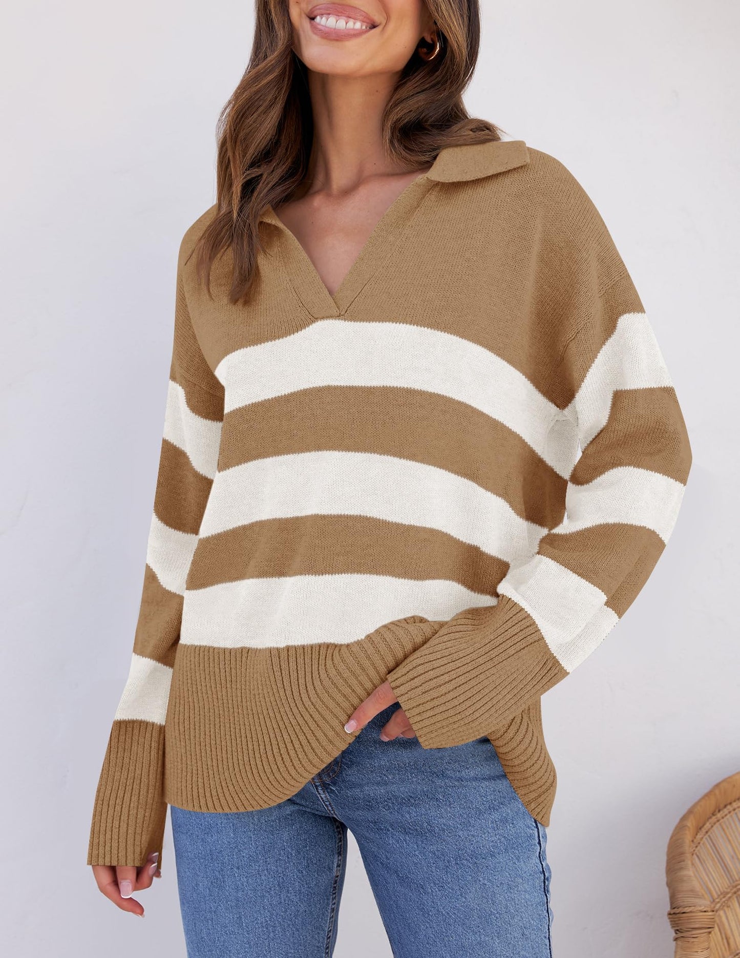 Lapel V Neck Long Sleeve Striped Chunky Knit Oversized Pullover Sweater