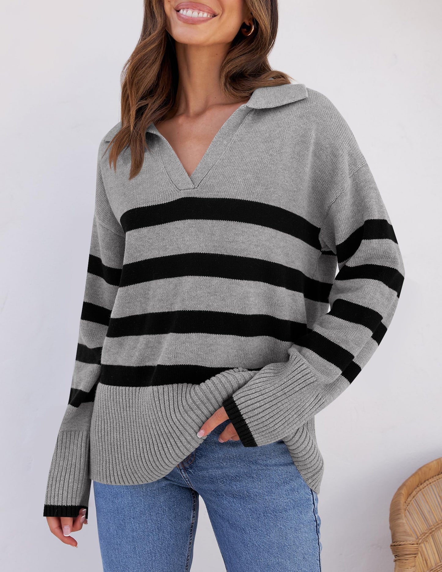 Lapel V Neck Long Sleeve Striped Chunky Knit Oversized Pullover Sweater