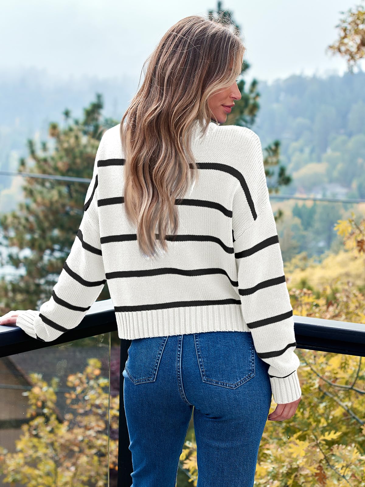 Striped Sweater Pullover Crewneck Long Sleeve Cable Knitted