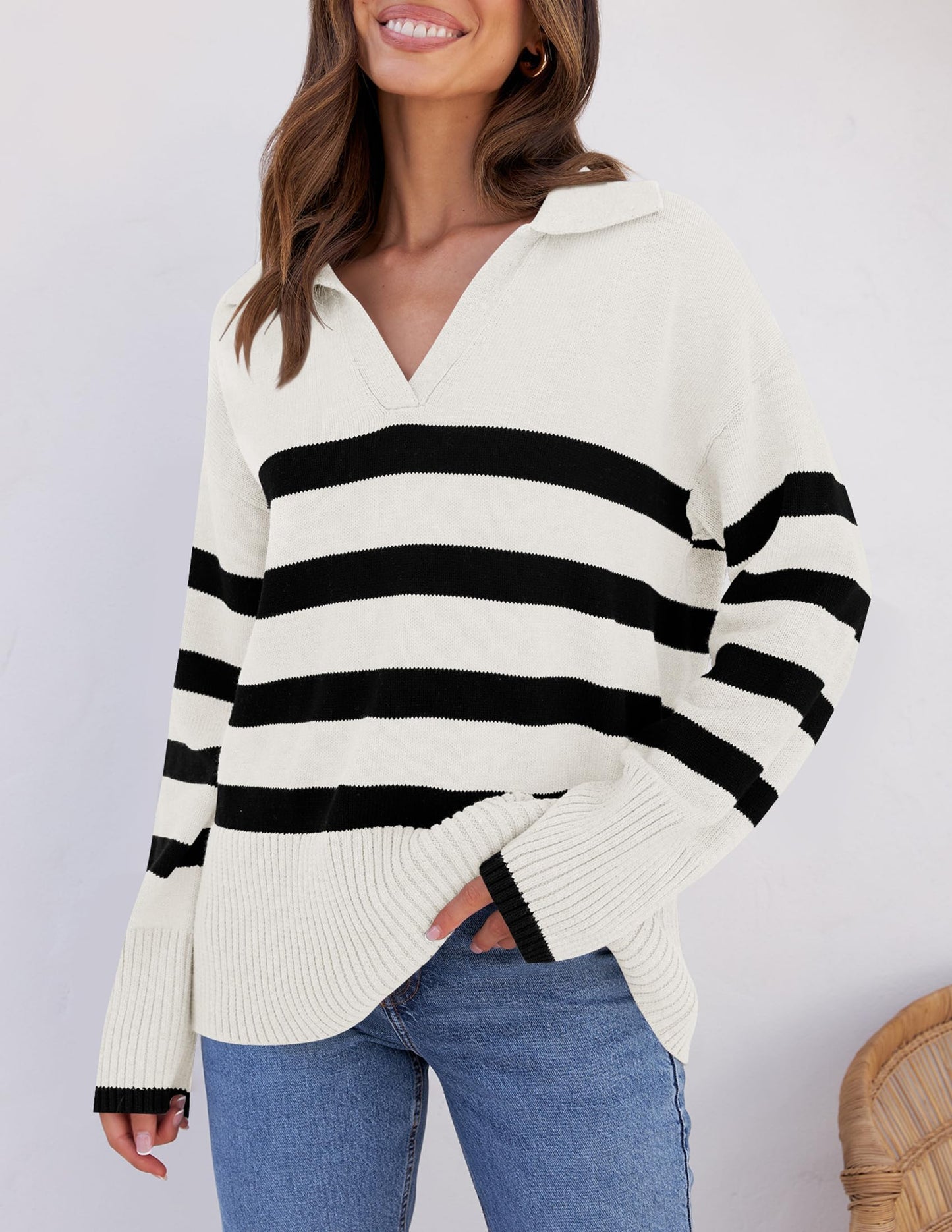 Lapel V Neck Long Sleeve Striped Chunky Knit Oversized Pullover Sweater