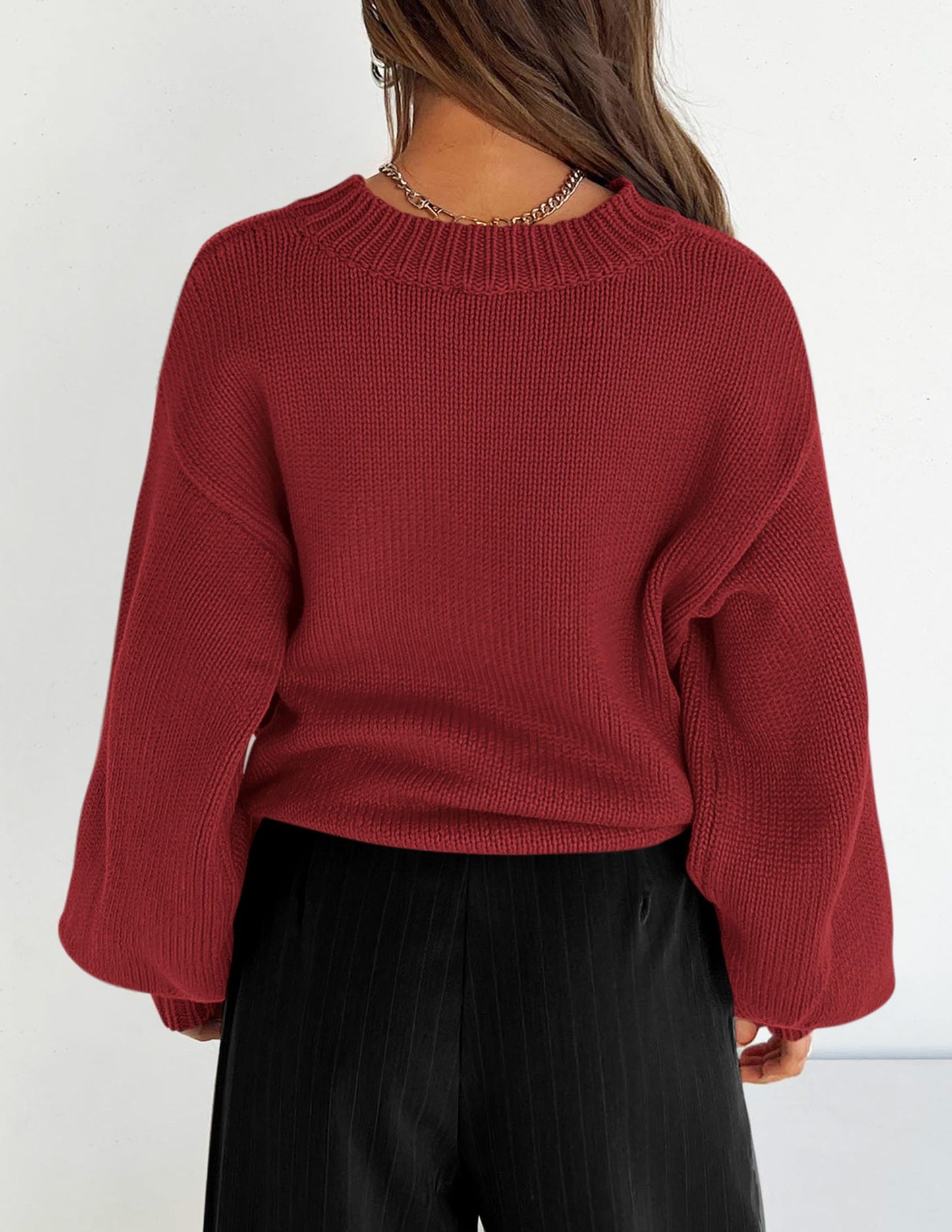 Chunky Knit Sweater Long Lantern Sleeve Crewneck Pullover