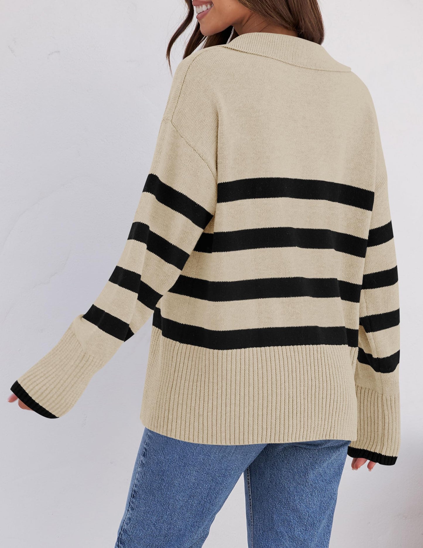 Lapel V Neck Long Sleeve Striped Chunky Knit Oversized Pullover Sweater