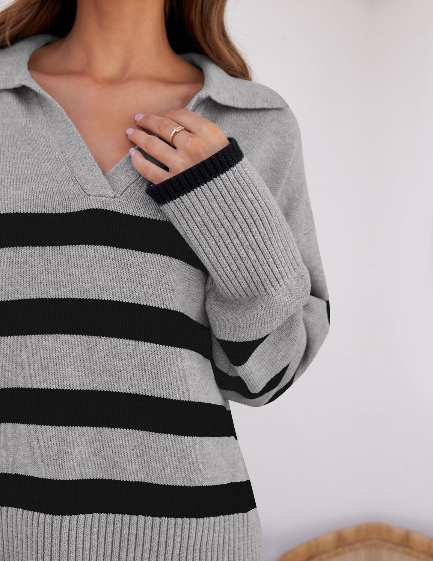 Lapel V Neck Long Sleeve Striped Chunky Knit Oversized Pullover Sweater