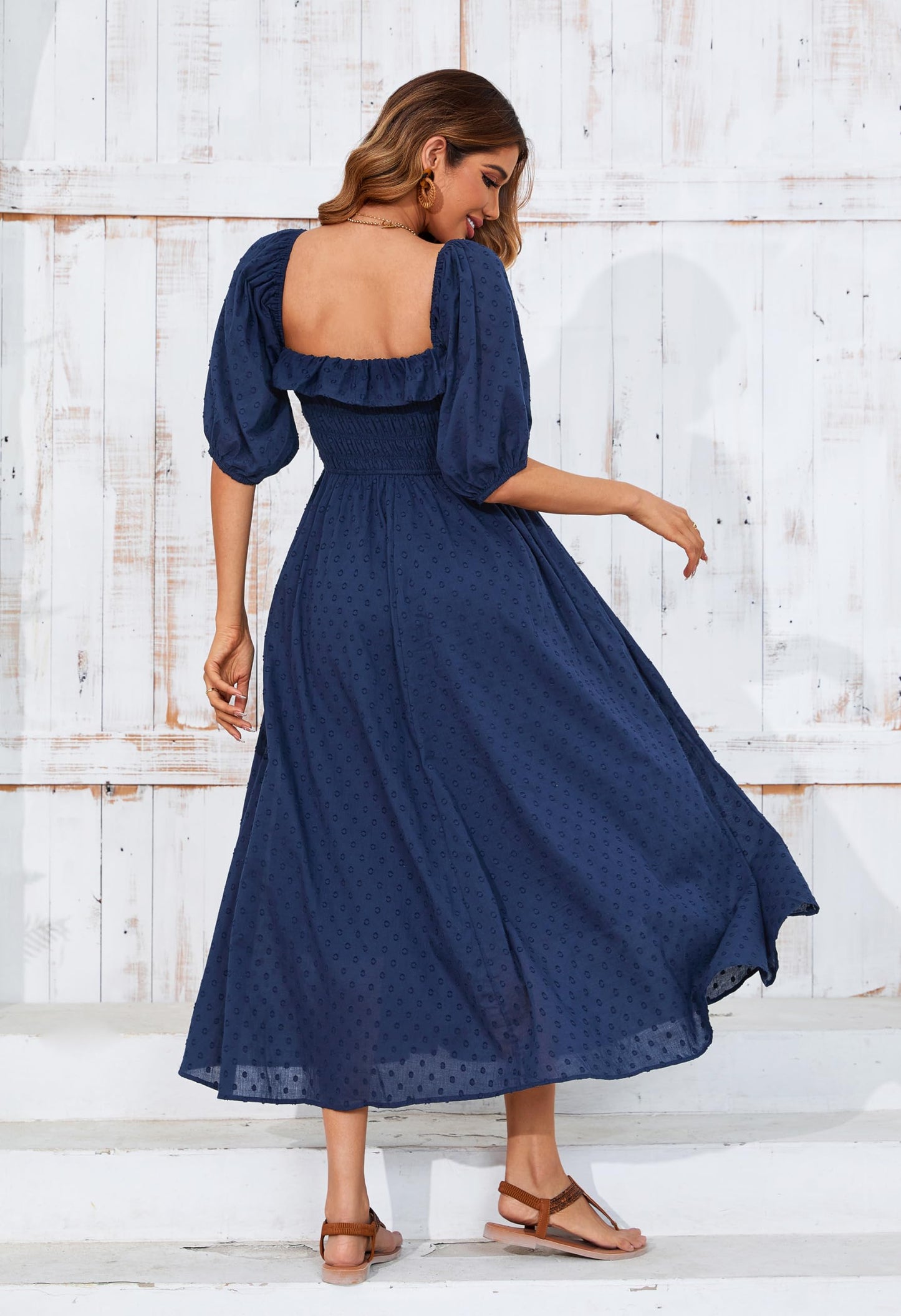 Half Sleeve Cotton Ruffled Vintage Elegant Backless A Line Flowy Long Dress