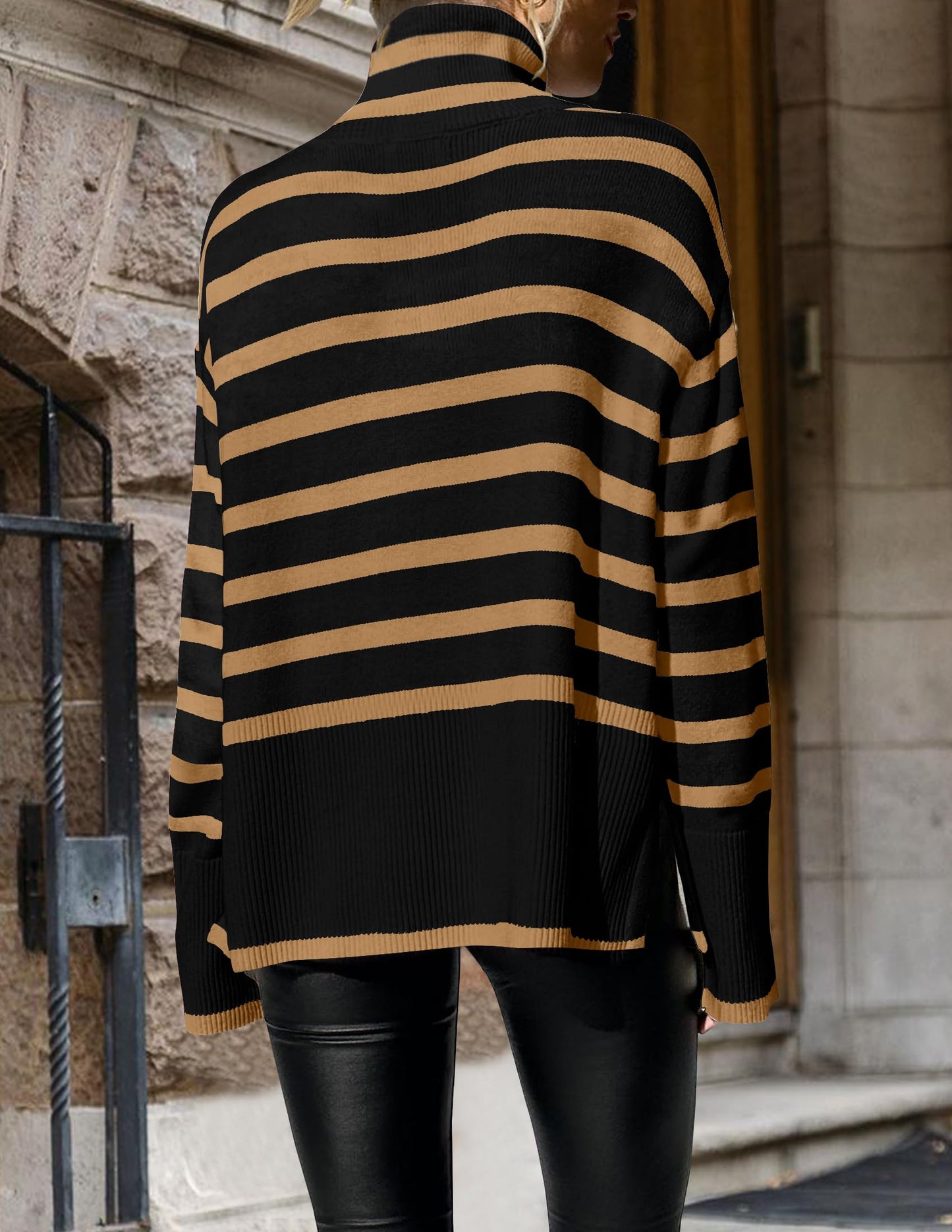 Turtleneck Long Sleeve Striped Side Slit Loose Pullover Sweater