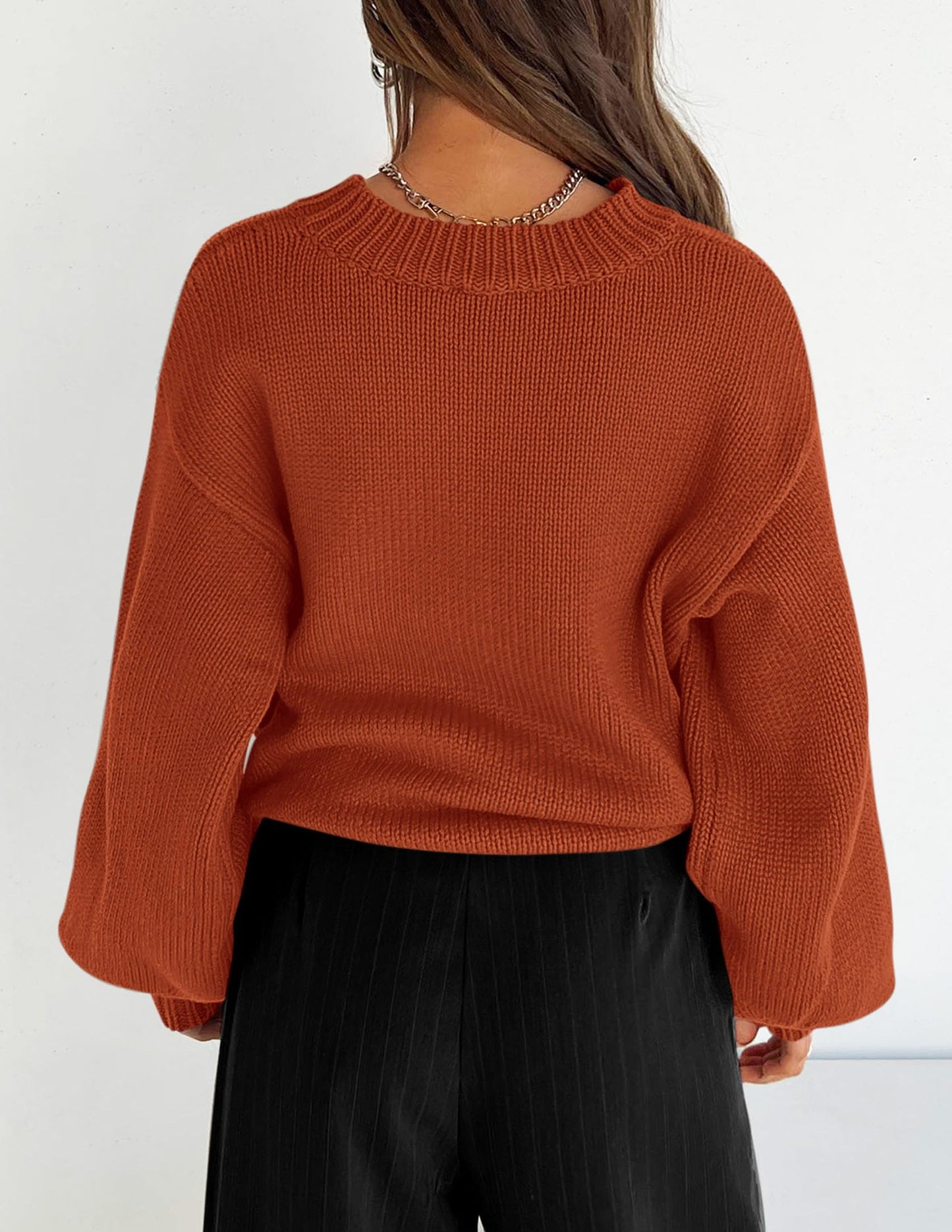 Chunky Knit Sweater Long Lantern Sleeve Crewneck Pullover