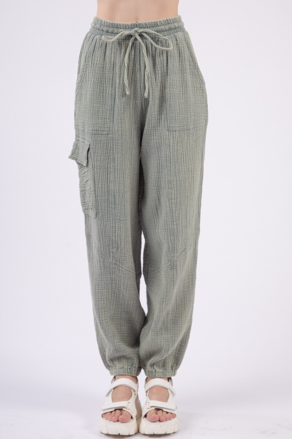 Washed Woven Crinkle Gauze Drawstring Pants