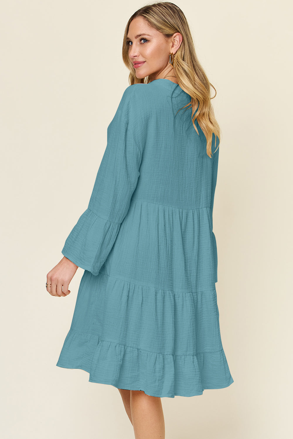 Texture Button Up Ruffle Hem Long Sleeve Dress