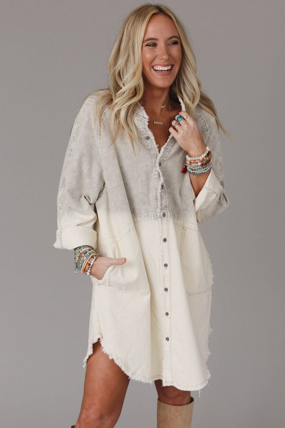 Gray Gradient Long Sleeve Button Up Raw Hem Denim Dress Shacket