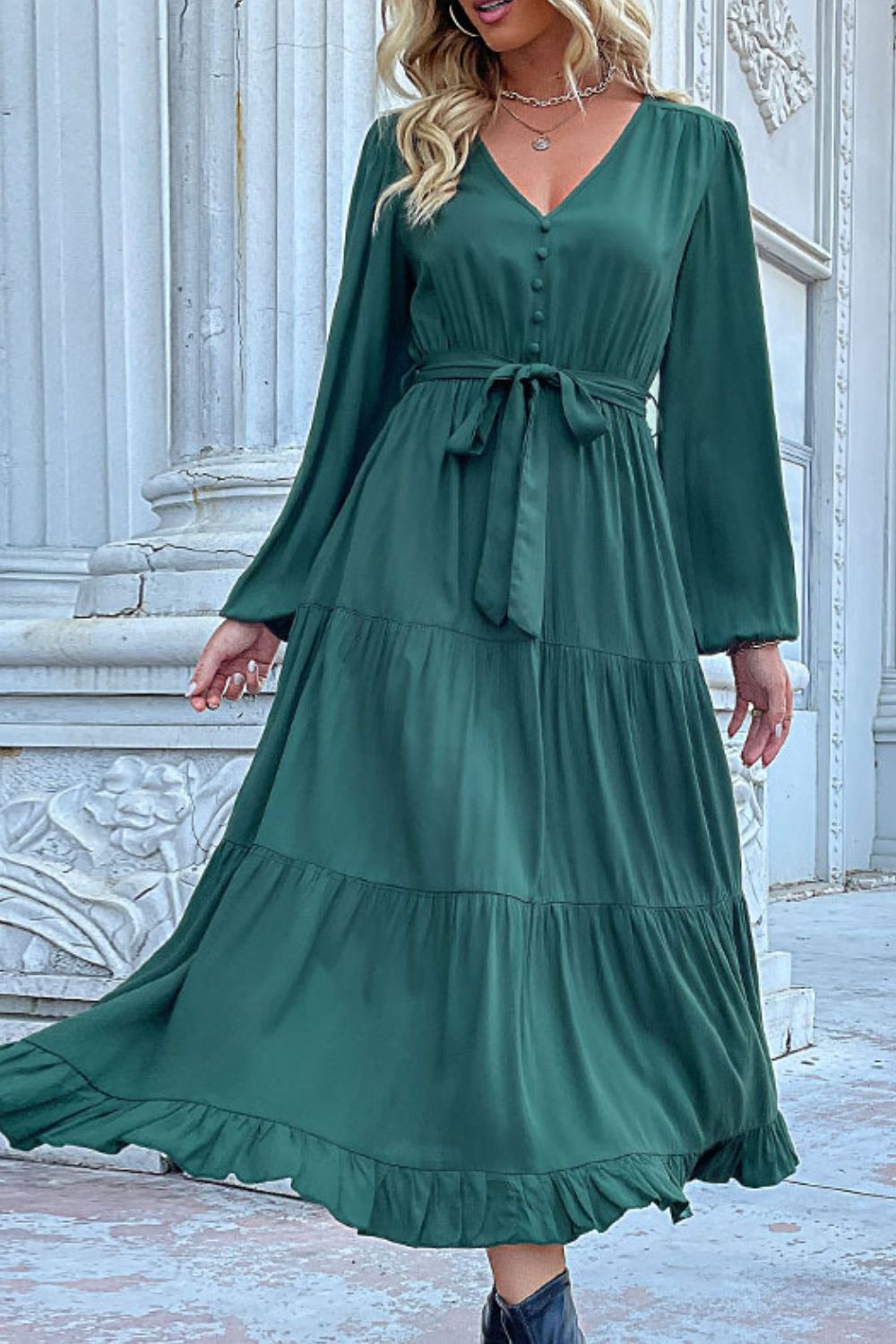 Buttoned V-Neck Puff Long Sleeve Tiered Dress