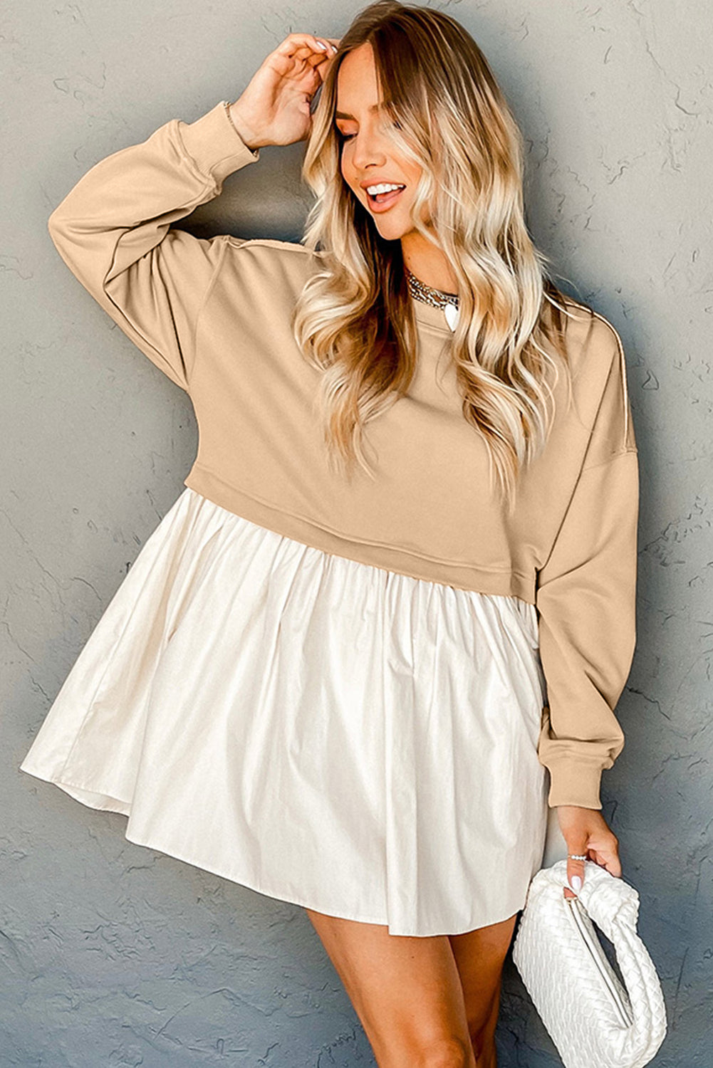 Pale Khaki Sweatshirt Poplin Mini Long Sleeve Dress