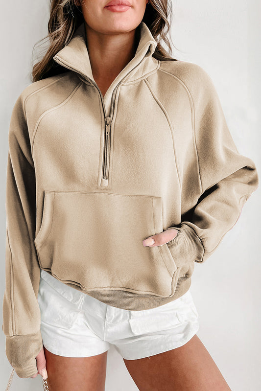 Parchment Fleece Lined Zip Up Stand Collar Thumbhole Sleeve Sweatshirt