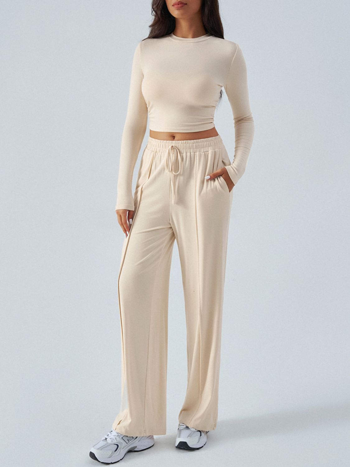 Round Neck Long Sleeve Top and Pants Set