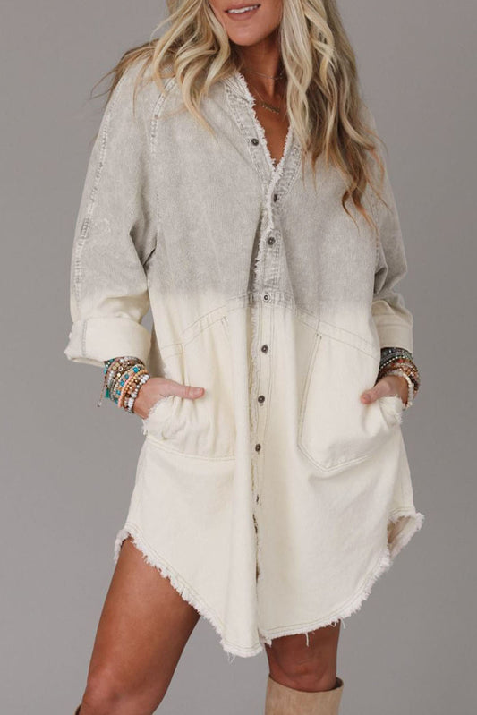 Gray Gradient Long Sleeve Button Up Raw Hem Denim Dress Shacket