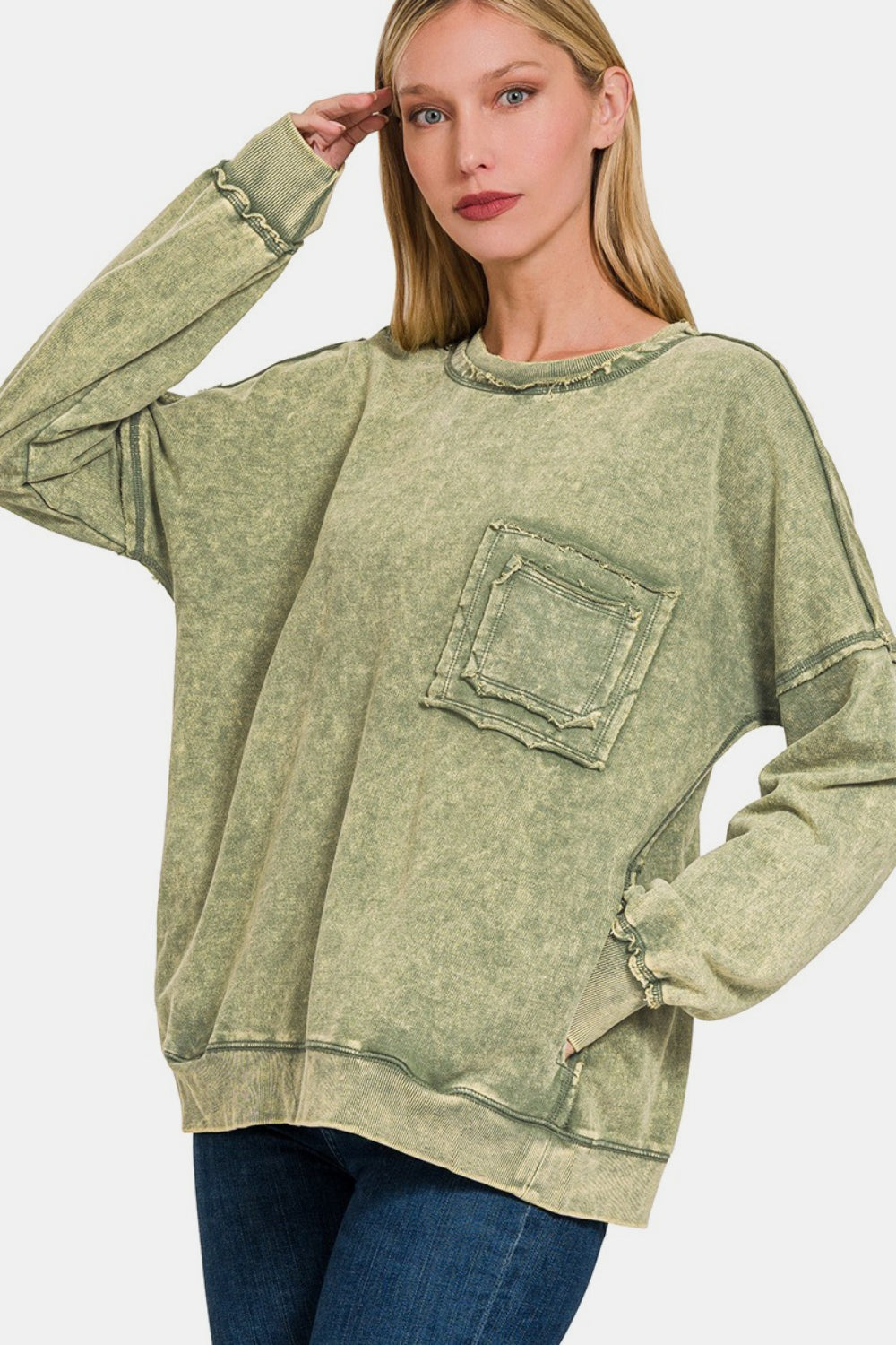 Exposed Seam Round Neck Dropped Shoulder Sweatshirt