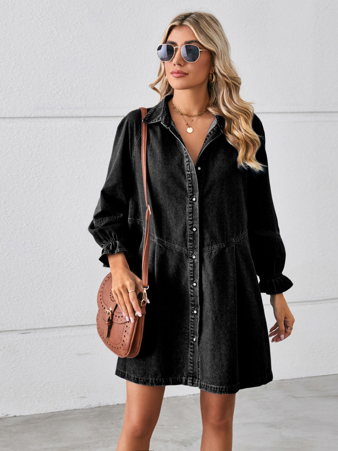 Button Up Flounce Sleeve Mini Denim Long Sleeve Dress