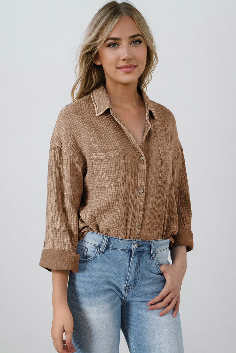 Mineral Wash Crinkle Textured Chest Pockets Shirt