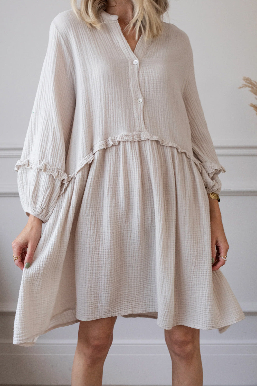 Apricot Frill Trim Half Buttoned Textured Long Sleeve Dress