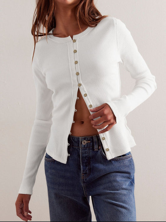 Ribbed Round Neck Long Sleeve Top Sweater Cardigan