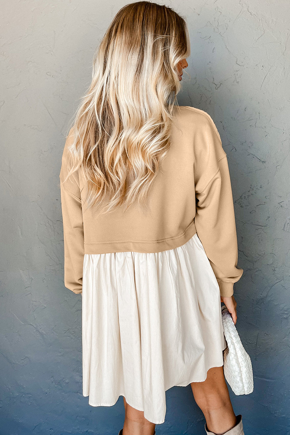 Pale Khaki Sweatshirt Poplin Mini Long Sleeve Dress