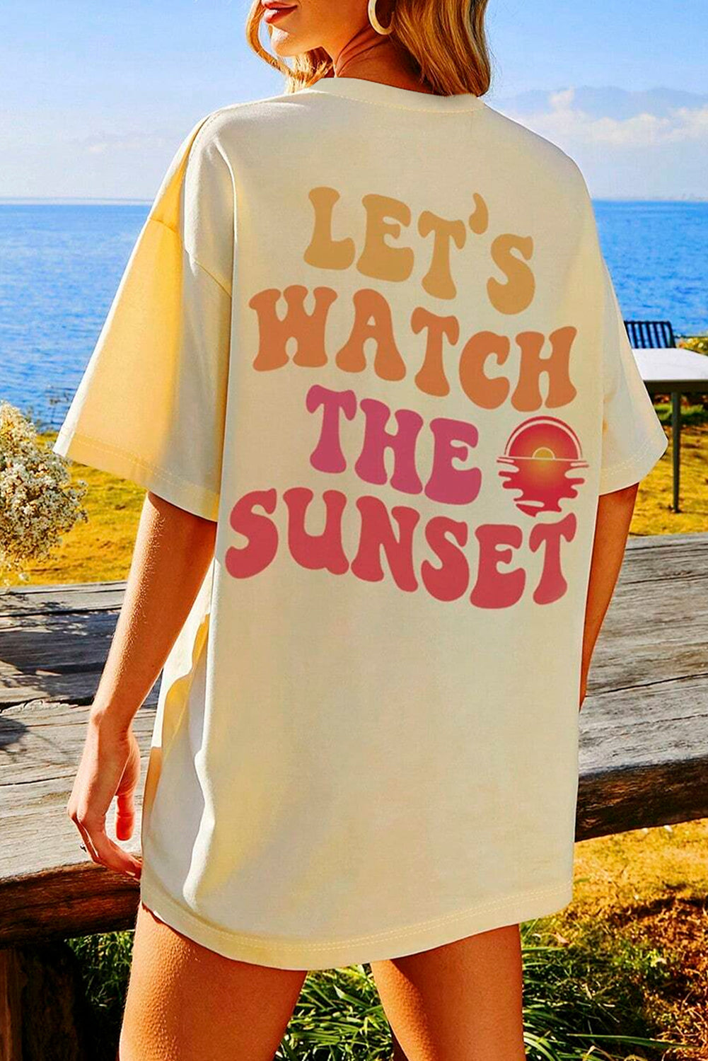 Yellow Cream Back LET'S WATCH THE SUNSET Print Half Sleeve Tee